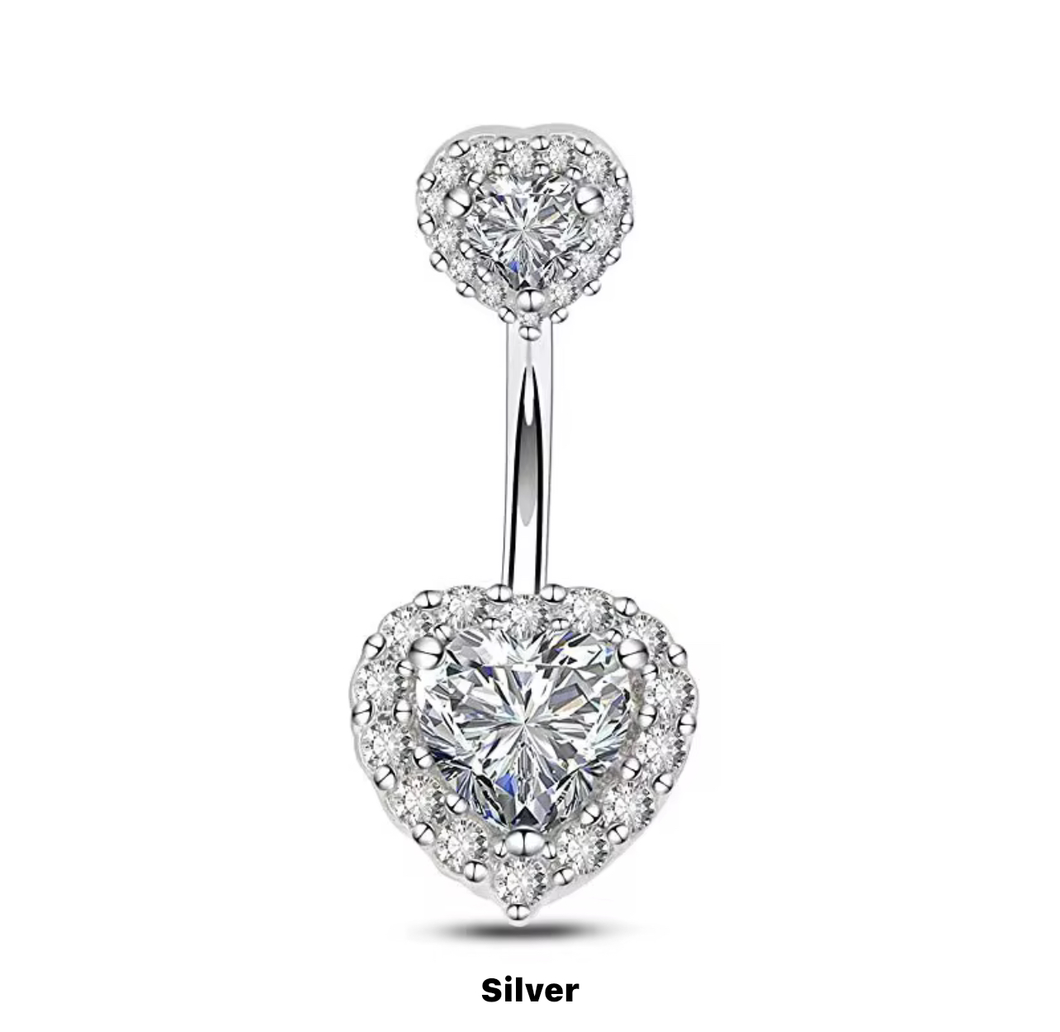 Silver - Rhinestone Heart Shape Navel Ring #016