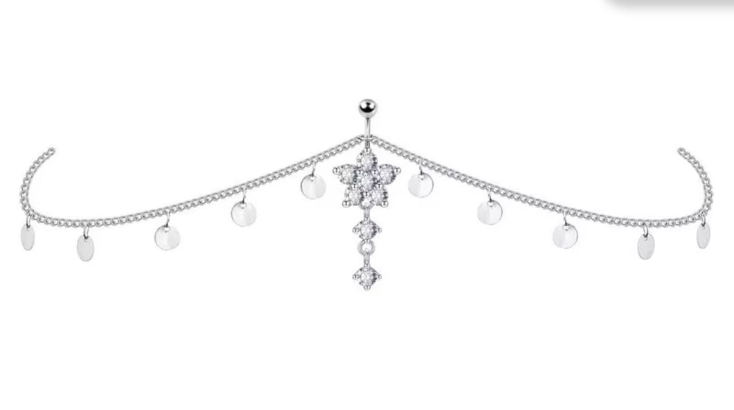 Silver - Flower Design W/ Waist Chain Navel Jewelry#002
