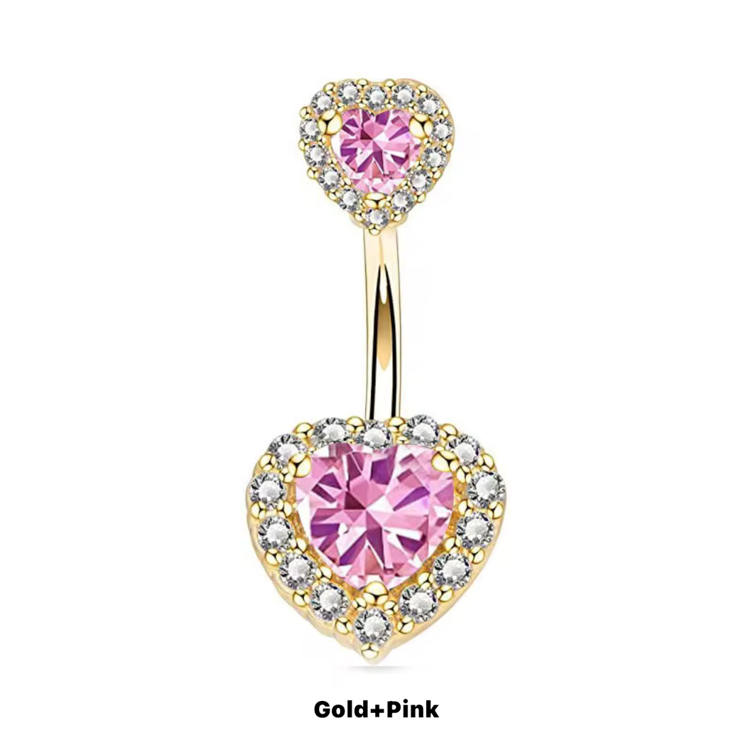 GoldPink - Rhinestone Heart Shape Navel Ring #021