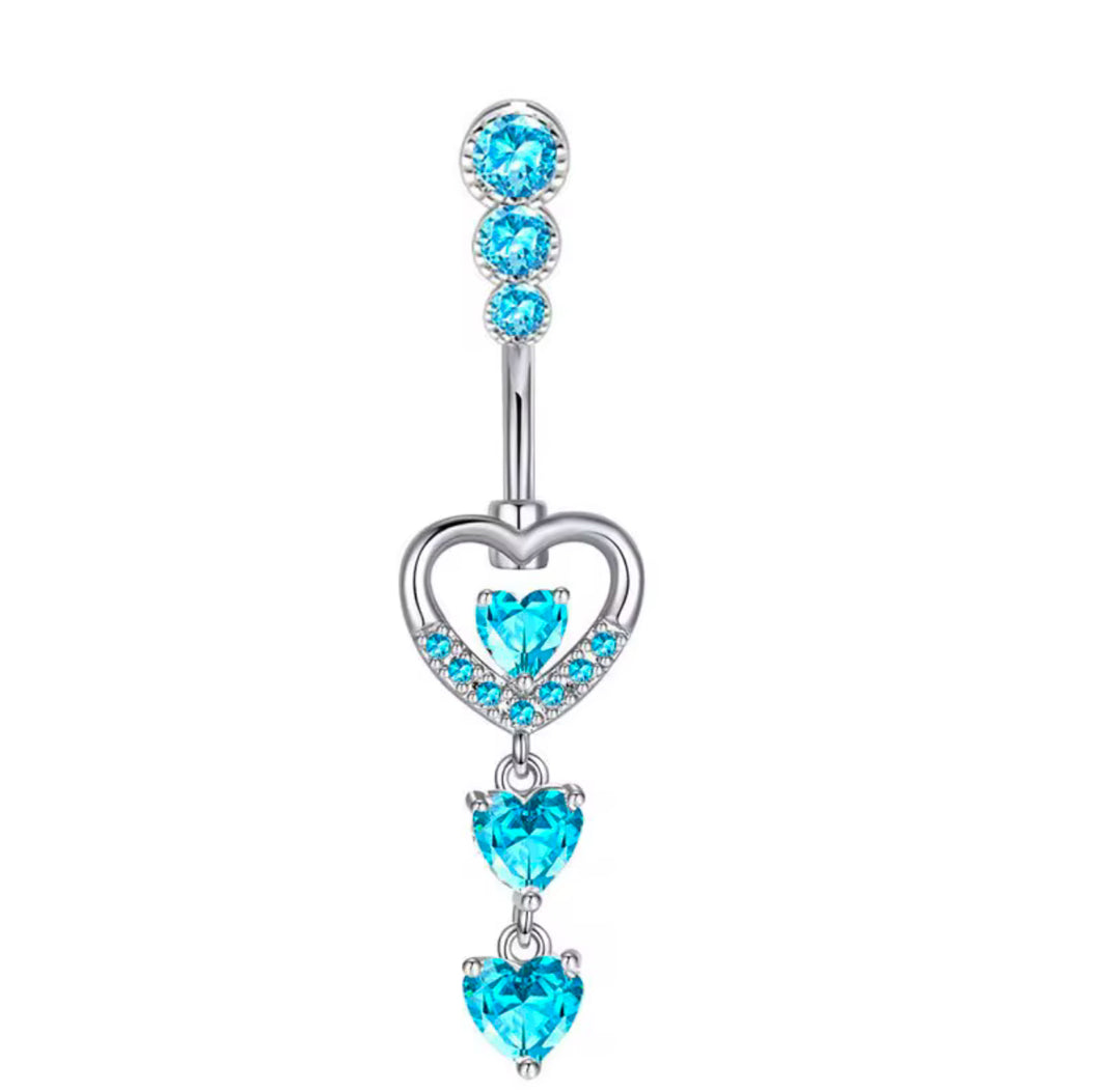 Lake Blue - Heart Shape W/ Dangling Hearts Navel Jewelry  #030