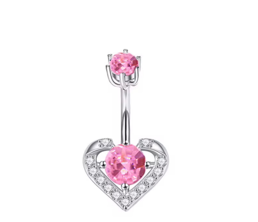 Pink Gem - Outer Silver Heart Navel Jewelry #042