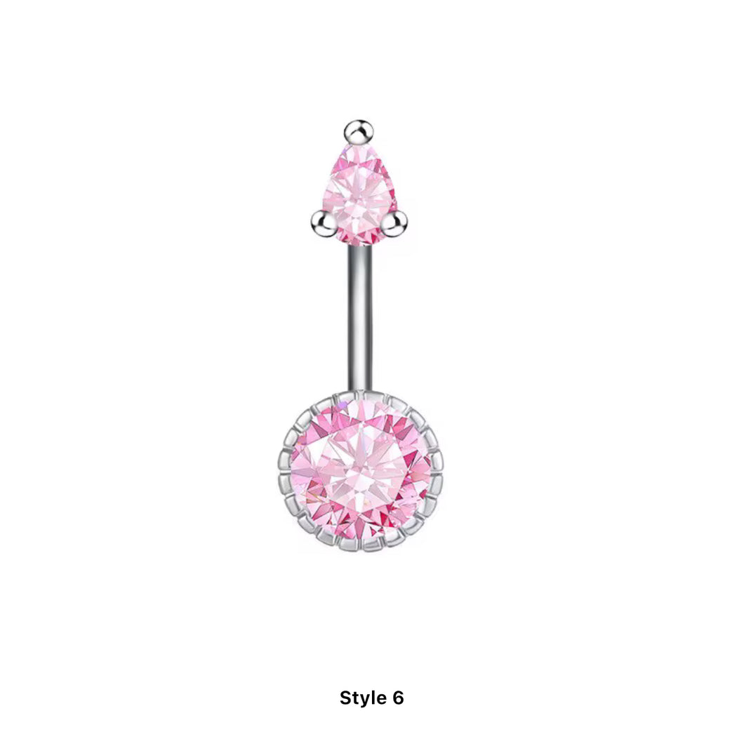 Pink Gem- Circle Shape W/ Silver Navel Jewelry #041