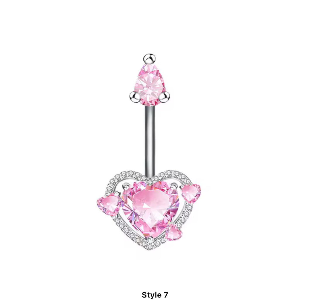 Pink Heart Gem - Outer Silver Heart W/ Mini Pink Hearts Navel Jewelry #039