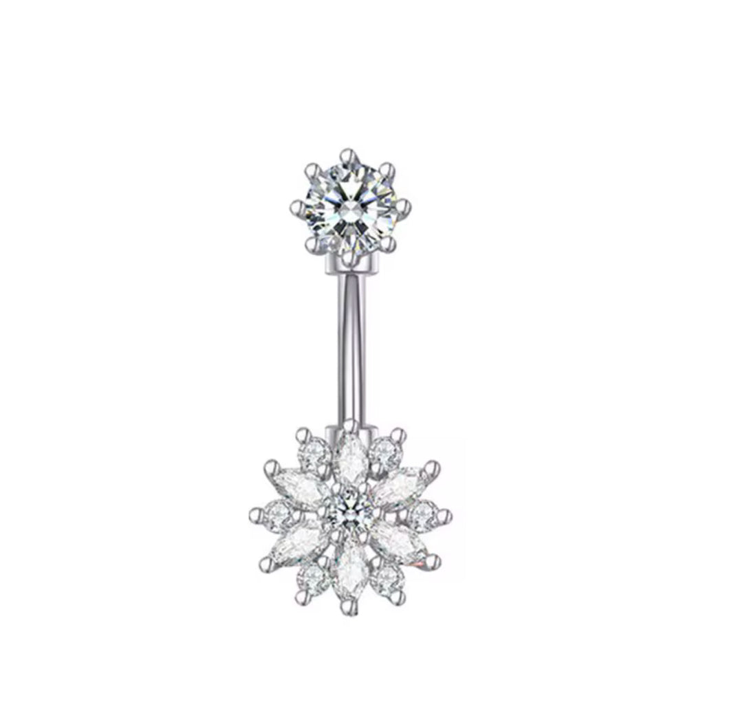 Silver - Flower Design W/ White Stud Navel Jewelry #050