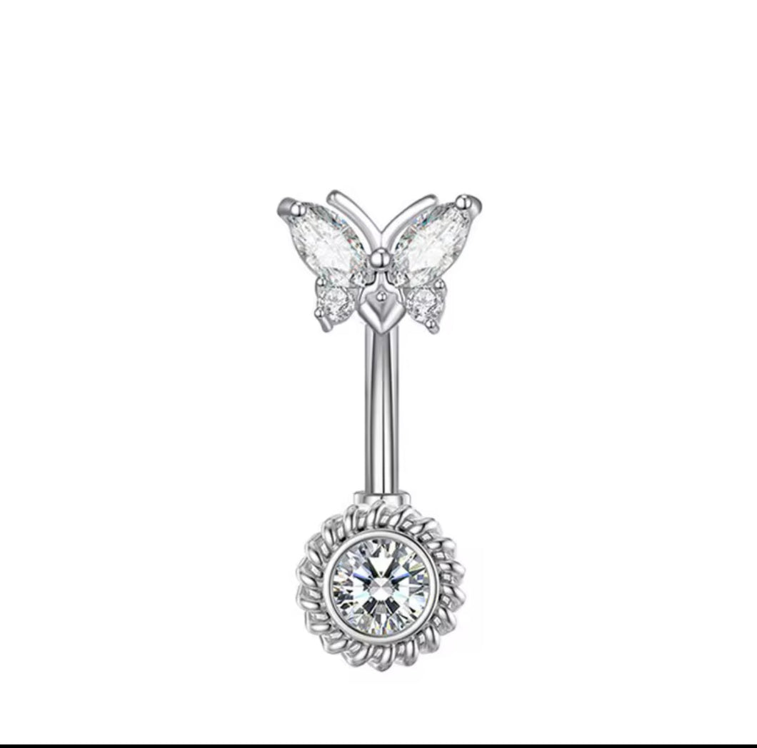 Silver - Butterfly Design With White Stud Navel Jewelry #049